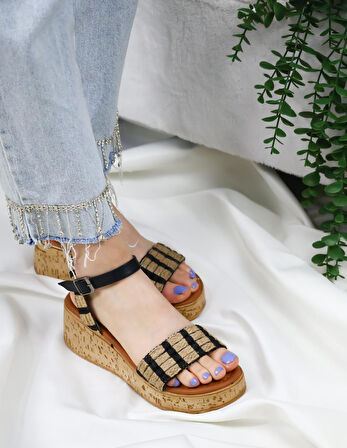 Hasır Detaylı Mantar Taban Ortopedik Taban Sandelet  siyah