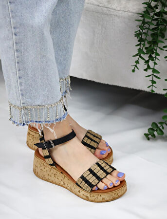 Hasır Detaylı Mantar Taban Ortopedik Taban Sandelet  siyah