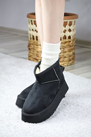 Kadın Pavro Süet İçi Kürklü  Kalın Taban ( 4.5 cm ) Mini Kısa Bot  siyah