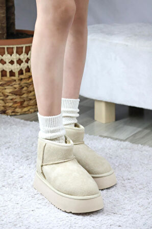 Kadın Pavro Süet İçi Kürklü  Kalın Taban ( 4.5 cm ) Mini Kısa Bot  krem
