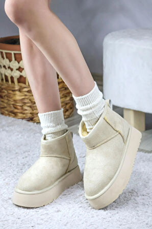 Kadın Pavro Süet İçi Kürklü  Kalın Taban ( 4.5 cm ) Mini Kısa Bot  krem