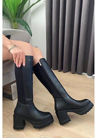 Kadın Arkası Dalgıç Kumaş 8 cm Platformlu Topuklu Çizme  siyah