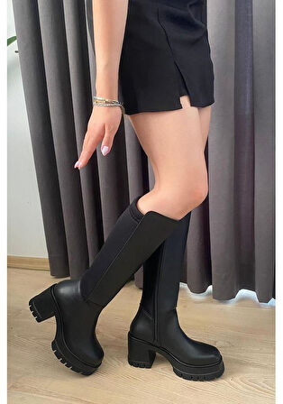 Kadın Arkası Dalgıç Kumaş 8 cm Platformlu Topuklu Çizme  siyah