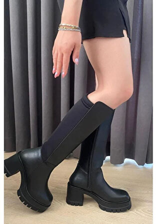 Kadın Arkası Dalgıç Kumaş 8 cm Platformlu Topuklu Çizme  siyah