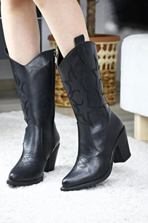 Kadın Siyah Cilt Kovboy 7 cm Topuklu Fermuarlı Çizme  siyah