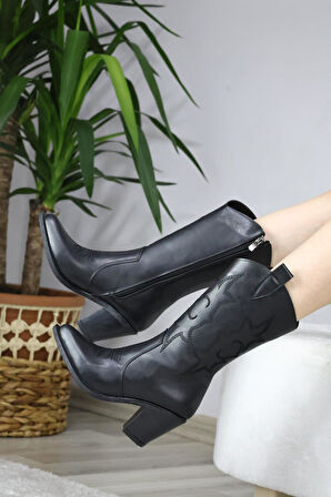 Kadın Siyah Cilt Kovboy 7 cm Topuklu Fermuarlı Çizme  siyah