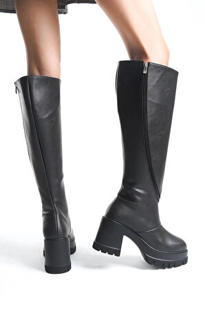 Kadın Döner Fermuarlı  Diz Boyu  Çizme  siyah