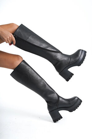 Kadın Döner Fermuarlı  Diz Boyu  Çizme  siyah