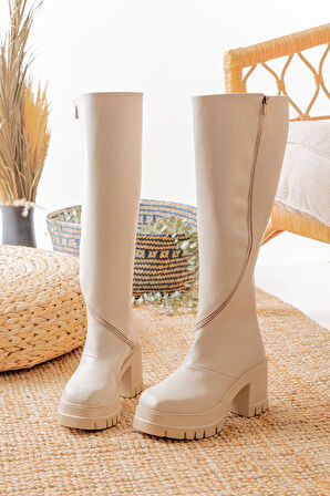 Kadın Döner Fermuarlı  Diz Boyu  Çizme  krem