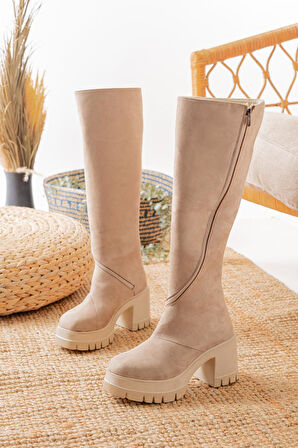 Kadın Döner Fermuarlı  Diz Boyu  Çizme  Bej Süet