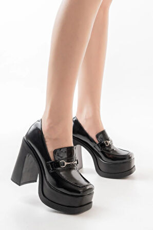 Kadın Mila Loafer Model 12 cm Platform Topuklu Ayakkabı  Siyah Rugan