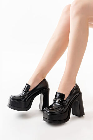 Kadın Mila Loafer Model 12 cm Platform Topuklu Ayakkabı  Siyah Rugan