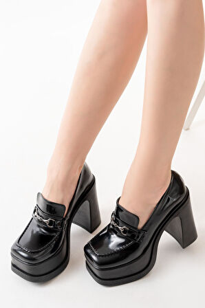 Kadın Mila Loafer Model 12 cm Platform Topuklu Ayakkabı  Siyah Rugan