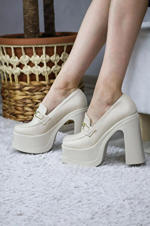 Kadın Mila Loafer Model 12 cm Platform Topuklu Ayakkabı  Krem cilt
