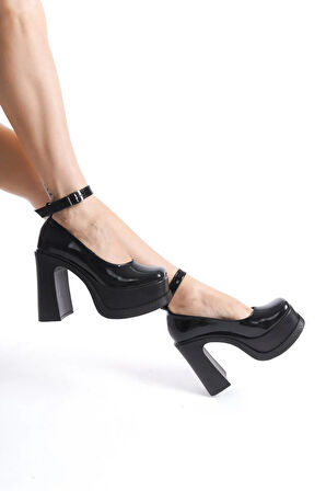 Kadın Della Bilekten Bağlamalı  (12cm) Platform Topuklu Ayakkabı  Siyah Rugan