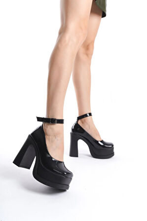 Kadın Della Bilekten Bağlamalı  (12cm) Platform Topuklu Ayakkabı  Siyah Rugan