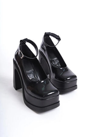 Kadın Della Bilekten Bağlamalı  (12cm) Platform Topuklu Ayakkabı  Siyah Rugan