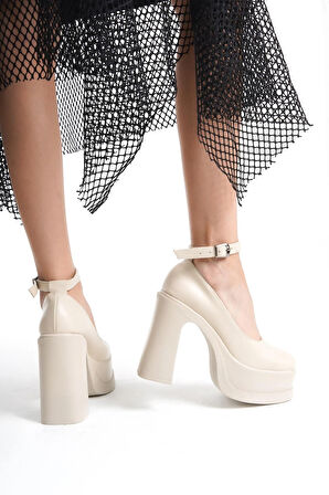 Kadın Della Bilekten Bağlamalı  (12cm) Platform Topuklu Ayakkabı  krem