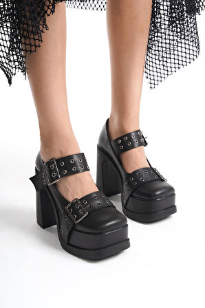 Kadın Viva Iki Toka Baletli (12 Cm ) Platform Topuklu Ayakkabı  siyah cilt
