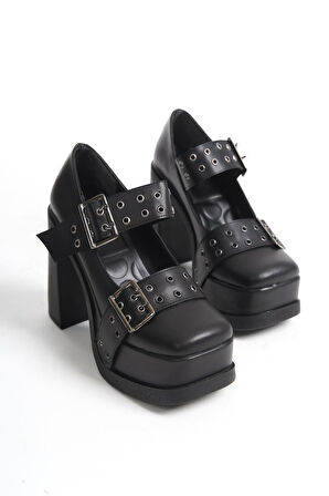 Kadın Viva Iki Toka Baletli (12 Cm ) Platform Topuklu Ayakkabı  siyah cilt