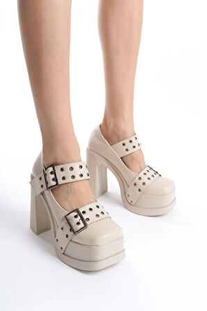 Kadın Viva Iki Toka Baletli (12 Cm ) Platform Topuklu Ayakkabı  krem
