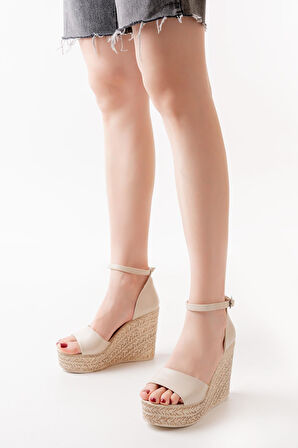 Kadın Dolgu Topuklu  Ayakkabı Rahat Yüksek Topuklu (11cm)  krem