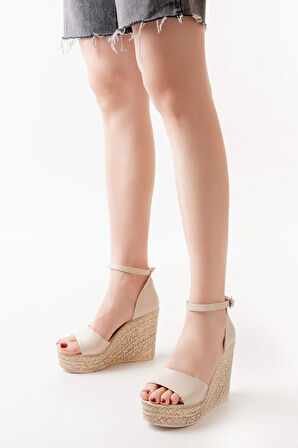 Kadın Dolgu Topuklu  Ayakkabı Rahat Yüksek Topuklu (11cm)  krem