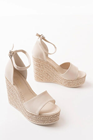 Kadın Dolgu Topuklu  Ayakkabı Rahat Yüksek Topuklu (11cm)  krem