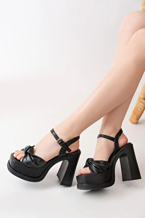 Kadın Fiyonk Bantlı (12cm) Platformlu Topuklu Ayakkabı  siyah