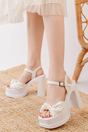 Kadın Fiyonk Bantlı (12cm) Platformlu Topuklu Ayakkabı  Beyaz