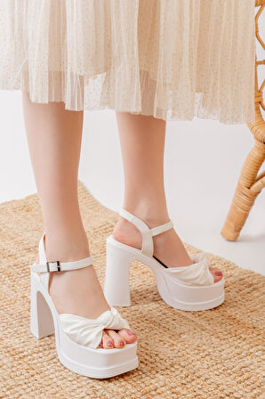 Kadın Fiyonk Bantlı (12cm) Platformlu Topuklu Ayakkabı  Beyaz