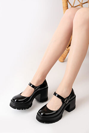 Tek Baletli Siyah Rugan 8 cm Topuklu Platformlu Loafer Ayakkabı  siyah