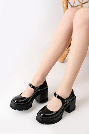 Tek Baletli Siyah Rugan 8 cm Topuklu Platformlu Loafer Ayakkabı  siyah