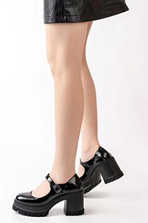 Tek Baletli Siyah Rugan 8 cm Topuklu Platformlu Loafer Ayakkabı  siyah