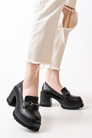 Kadın Cilt Tokalı 8 cm Yüksek Topuklu Leofer  siyah