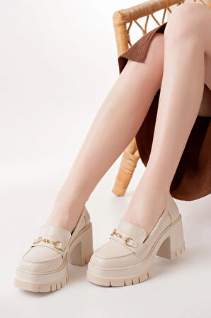 Kadın Cilt Tokalı 8 cm Yüksek Topuklu Leofer  Nut