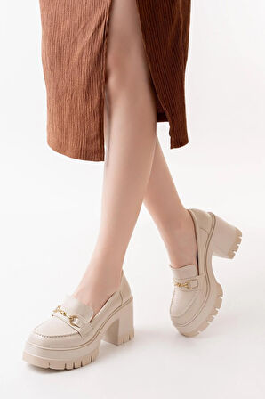 Kadın Cilt Tokalı 8 cm Yüksek Topuklu Leofer  Nut