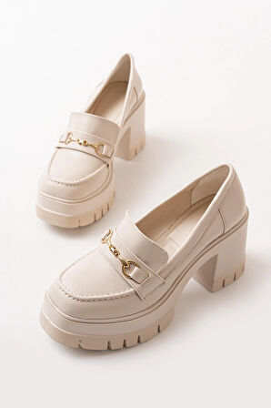 Kadın Cilt Tokalı 8 cm Yüksek Topuklu Leofer  Nut