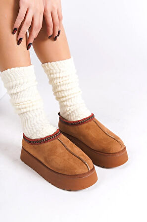 Kadın Rose İçi Tüylü Düz Taban Ayakkabı - Yarım Bot  Taba