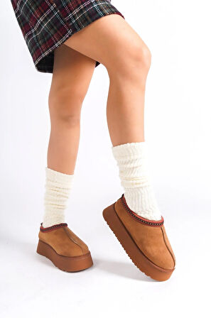 Kadın Rose İçi Tüylü Düz Taban Ayakkabı - Yarım Bot  Taba