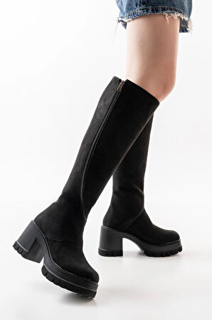 Kadın Döner Fermuarlı  Diz Boyu  Çizme  SİYAH SÜET