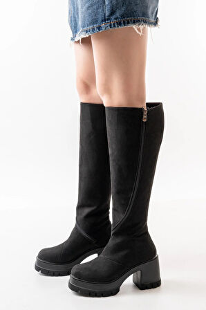 Kadın Döner Fermuarlı  Diz Boyu  Çizme  SİYAH SÜET