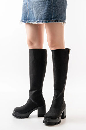 Kadın Döner Fermuarlı  Diz Boyu  Çizme  SİYAH SÜET