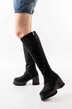 Kadın Döner Fermuarlı  Diz Boyu  Çizme  SİYAH SÜET