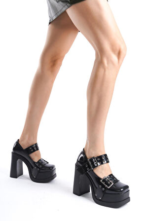 Kadın Viva Iki Toka Baletli (12 Cm ) Platform Topuklu Ayakkabı  Siyah Rugan