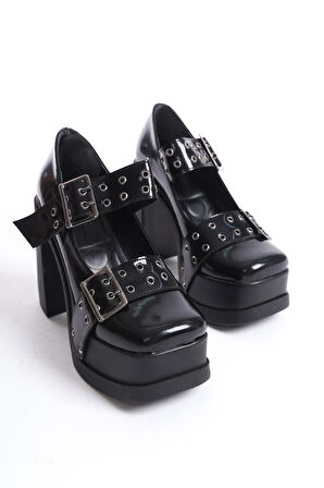 Kadın Viva Iki Toka Baletli (12 Cm ) Platform Topuklu Ayakkabı  Siyah Rugan