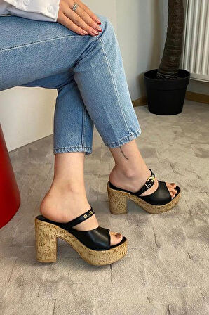 Kadın Tena Mantar Taban Platform Topuklu Terlik 10 Cm  SND456  Siyah