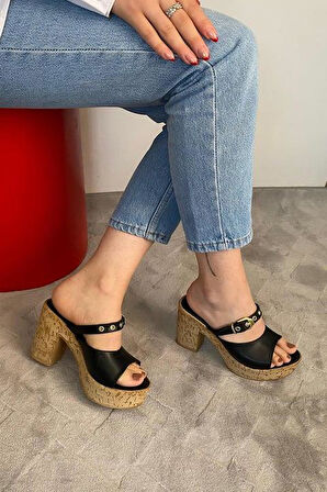 Kadın Tena Mantar Taban Platform Topuklu Terlik 10 Cm  SND456  Siyah