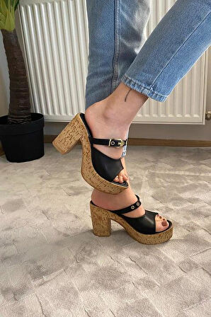 Kadın Tena Mantar Taban Platform Topuklu Terlik 10 Cm  SND456  Siyah