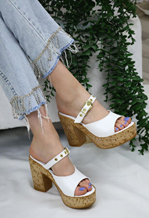 Kadın Mantar Topuklu Sandalet Terlik  Beyaz